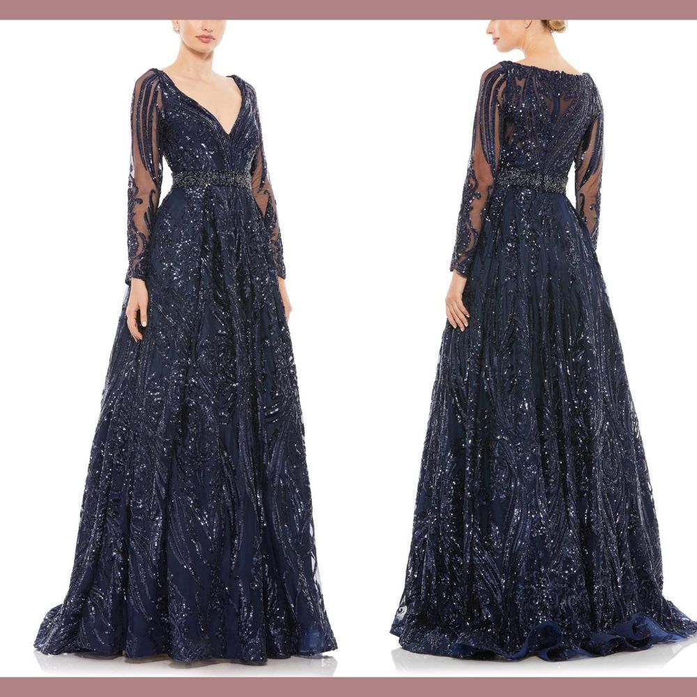 NWT $598 Mac Duggal [ 18 ] 67113 Long Sleeve Embellished Evening Gown Blue‎